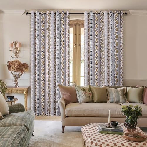 Image of XiDi 100% Blackout Curtains for Bedroom 84 Inches Long 2 Panels Farmhouse Vintage Tan Geometric Patterned Brown Blackout Curtains for Living Room Thermal Insulated Grommet Window Boho Drapes, 52x84