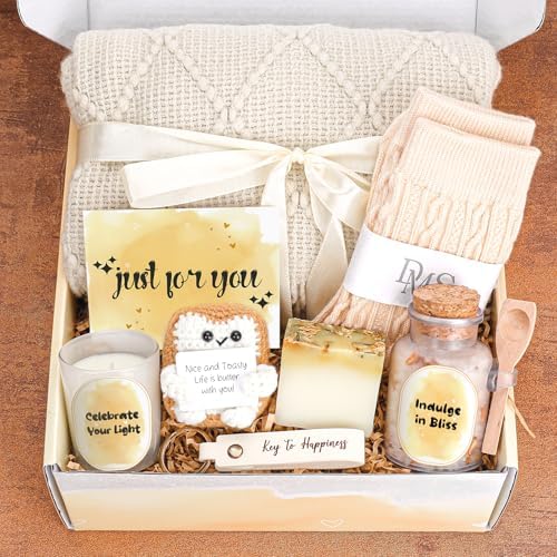 Warm & Cozy Gift Basket for Women – 8Pcs Gift Set with Blanket, S...