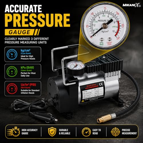 Image of MIKANIX Heavy Duty Portable Inflator Air Pump Compressor with 150psi Pressure Gauge | 12V DC | Universal for Car | Bike Cycle Tyre