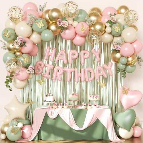 Pink and Green Birthday Decorations for Women Girls Sage Green Pink Sand White Gold Foil Confetti Balloons Happy birthday Banner Gold Butterfly Fringe Curtains Birthday Decorations