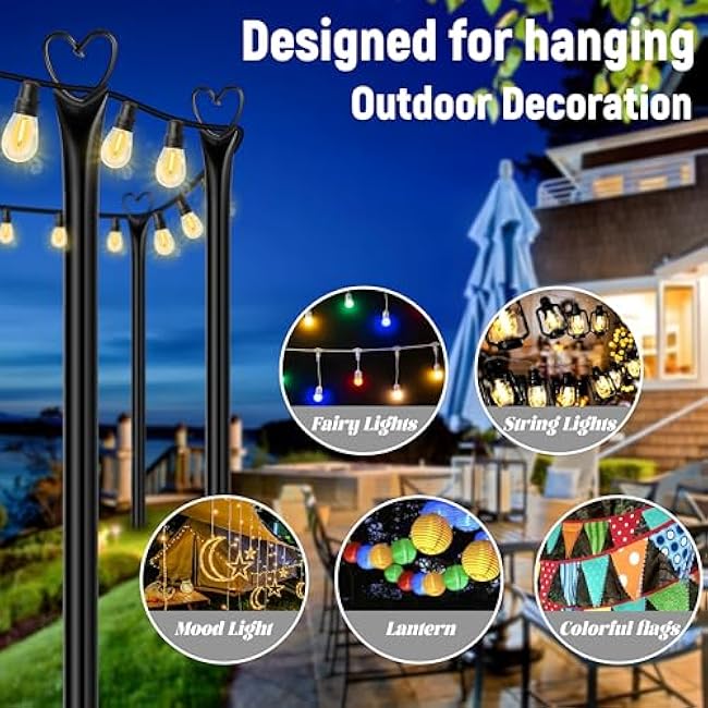 Ottsuls 4 Pack String Light Poles, 10FT Outdoor String Light Poles with Fork and Fixing Clamp, Metal Lighting Poles for Outside,Patio, Backyard,Deck, Garden Wedding,Party Decor