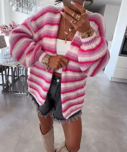 CHARTOU Women Contrast Color Striped Cardigan Sweater Fall Oversized Slouchy Open Front Knit Sweater Jacket2