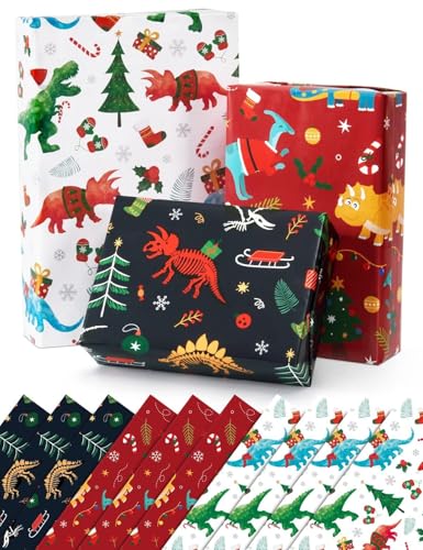 WERNNSAI Weihnachts Geschenkpapier - 10 Blatt Weihnachten Geschenkpapier Kinder Junge Dino Weihnachtsgeschenkpapier Weihnachtsparty Geschenk Dekoration Packpapier 51cm x 70cm