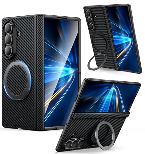 Duluqboba Galaxy Z Fold7 対応 ケース リング付き 耐衝撃 360°回転スタンド 炭素繊維風テクスチャー ケース ヒンジ保護 縦横両対応 隠しスタンド マグネット搭載 レンズ保護 薄型 軽量 頑丈 PC背面 マット仕上げ 指紋防止
