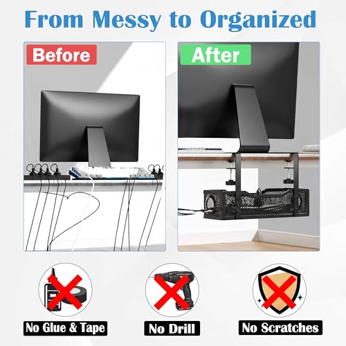Image of GLUN Adjustable Under Desk Cable Organizer Rack, Screw-Fixed Wire Management Tray for Power Cord, Extension Board & Network Cables, Black Includes 10 Cable Ties & 4 Cable Organizers