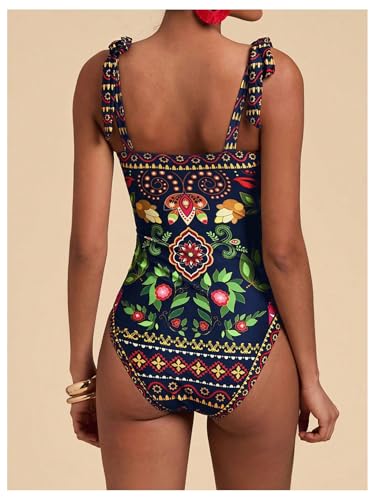 Floerns Women's Tropical Print Tie Shoulder One Piece Swimsuit Tummy Control Swimwear3