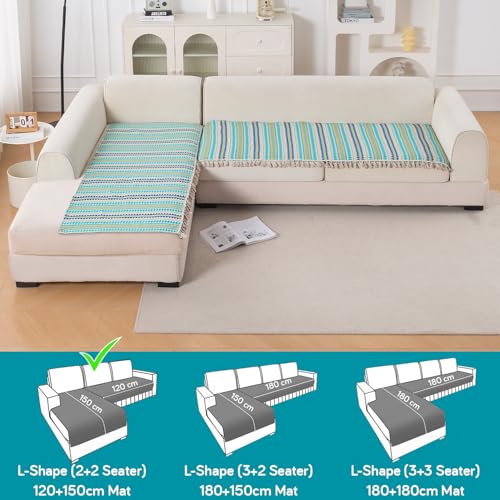 Image of HOKIPO 'Artisan Boho Series' L Shape (2+2 Seater) Seat Mat for Sofa | Thick 450 GSM Cotton Acrylic Jacquard Fabric Cover with Tassel, Aqua Blue (IN-902+903-A4)