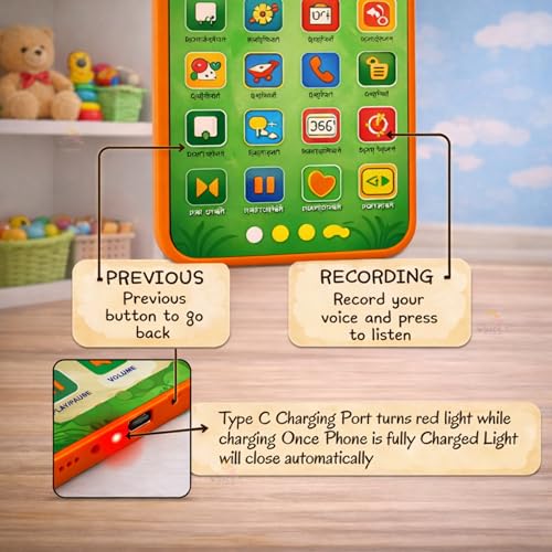 Image of Wishkey Edu Phone for Kids Dinosaur Theme 28 Functions Rechargeable USB Cable Not Included Learning Mobile Toy with 22 Features English & Hindi Language Toddler Learning Phone for Boys & Girls Age 2+