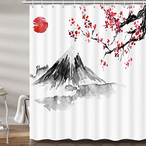 Japanese Anime Shower Curtain for Bathroom, Cool Red Sunset Mountain Fuji Fabric Shower Curtains Set, White Chinese Asian Cherry Blossom Restroom Decor Accessories with Hooks 72X72Inches