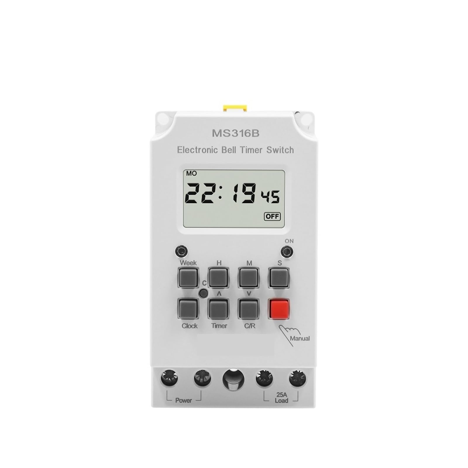 Temporizador de Timbre Escolar, 220 V CA, 25 A, MS316B con Tapa, programable semanalmente, duración de Encendido de 99 Horas, 23 Horas y 59 Segundos, con Pantalla L/C/D