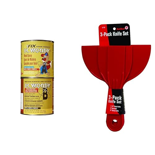 PC Products PC-Woody Wood Repair Epoxy Pasta de reparación, dos partes de 96 onzas en dos latas, Tan 128336 y Red Devil 4718 Juego de cuchillos de