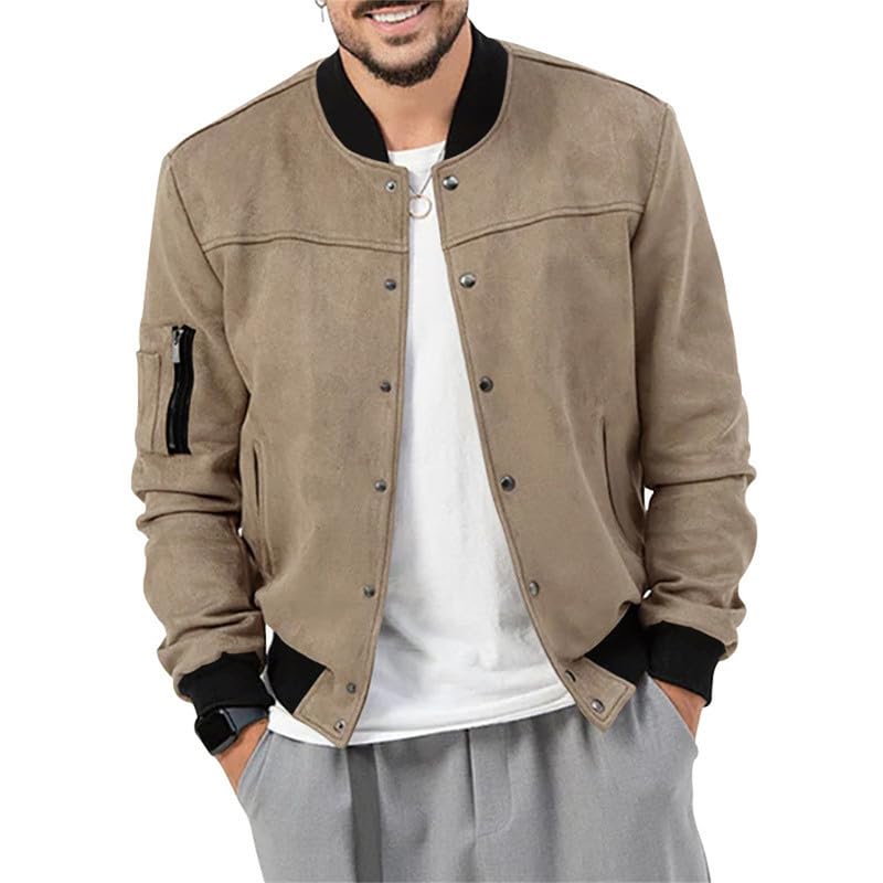 Image of Mens Faux Suede Bomber Jacket Varsity Jacket Windbreaker Vintage Casual Lightweight Leather Coats Jackets