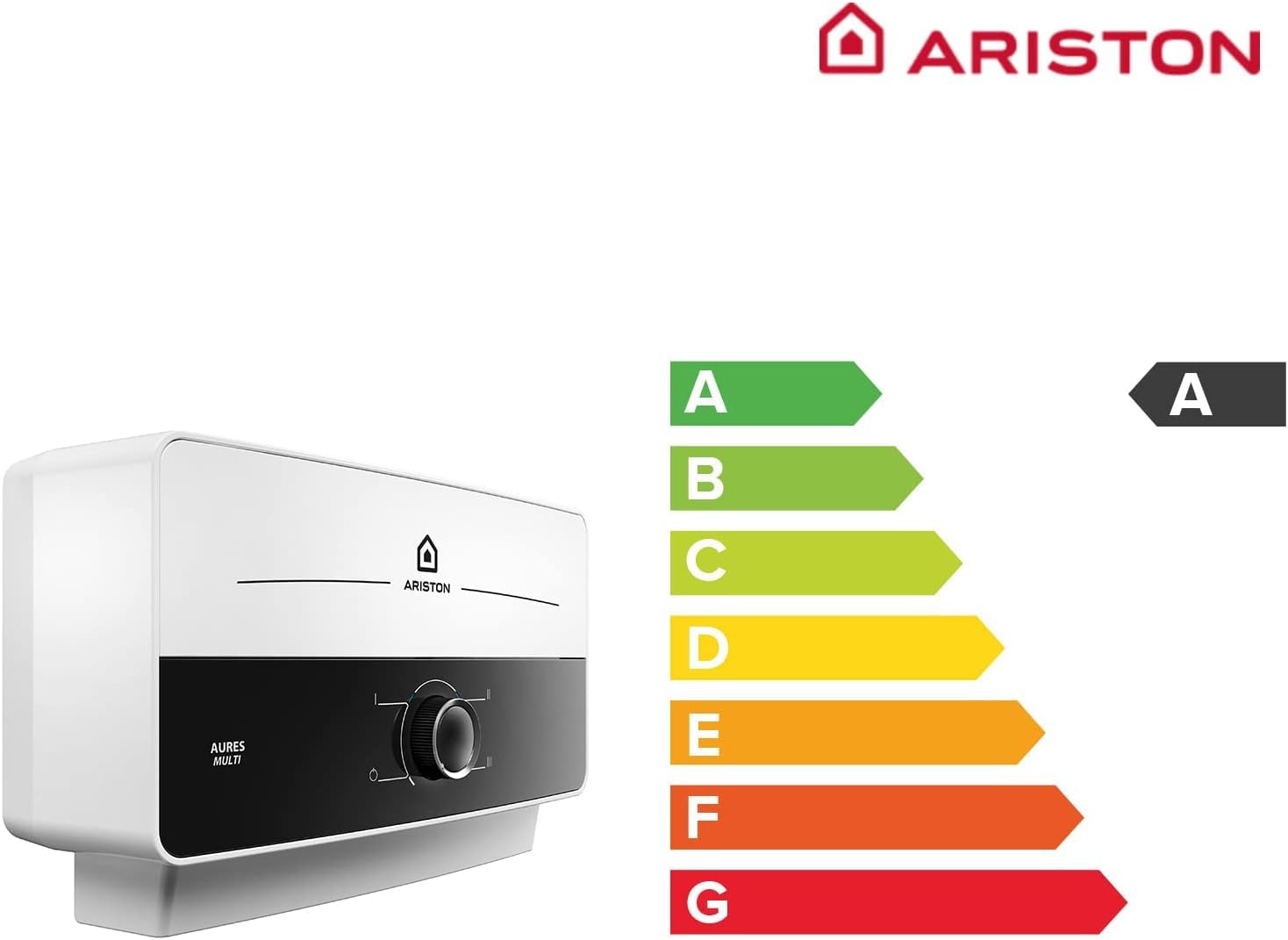 Ariston Aures SM - Termo Eléctrico Vertical Instantáneo, Calentador de Agua Eléctrico Tamaño Reducido, 17,8x30,4x9,8 Fabricado para Instalación en España, Blanco/Negro - Eficiencia A, Rango (A+/F)