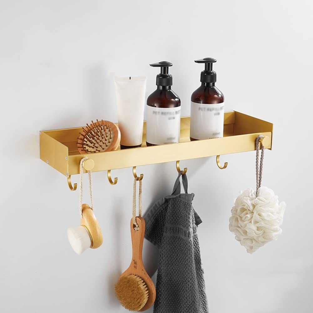 ZJHFFFG Bathroom Shelf Brushed Gold Aluminum Shower Caddy Wall-Mounted Shower Storage Rack with Hook Bar Cosmetics Shampoo Organizer