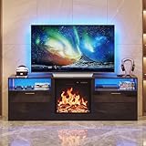 Advwin LED TV Cabinet with Electric Fireplace, 160cm High Gloss Entertainment Unit with 3D Flame, Modern TV Stand with Storage Cabinet & Shelf Black