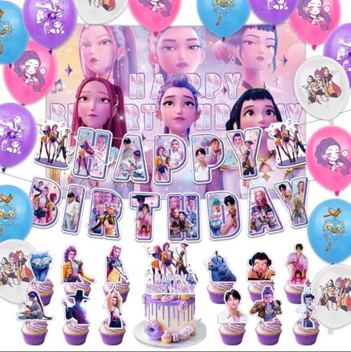 31 pcs Korean Idol Happy Birthday Party Decorations Party Supplies Set Include one Backdrop 16 pcs Balloons one Hanging Swirls 13 pcs Cake Cupcake Toppers for Boys Girls Kpop Theme Party