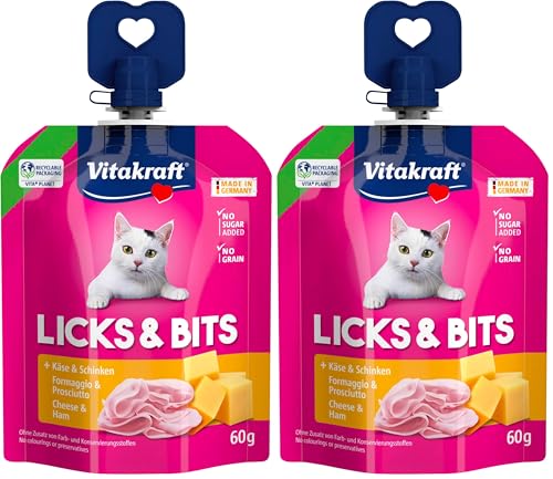 Vitakraft Licks & bits, Crema Suave con trozos en Formato Quetschie, con Queso, resellable, sin azúcar añadido (1 x 60 g) (Paquete de 2)