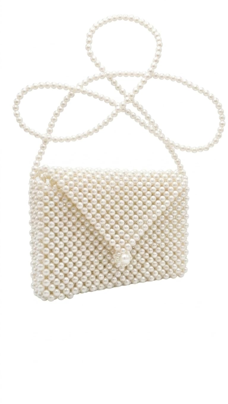Pearl Beaded Envelope Crossbody Bag, Hand-Woven, Ivory White, Bridal & Evening Statement Purse-picture-10