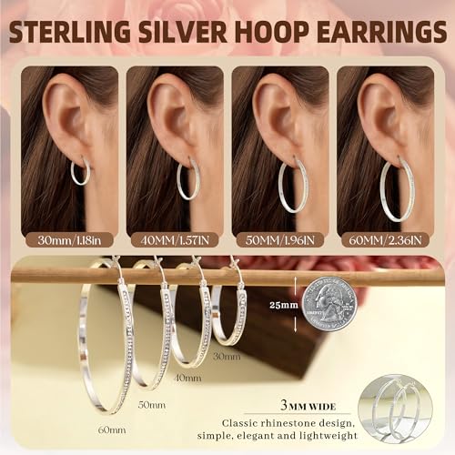 PABBEU 925 Sterling Silver Hoop Earrings for Women Sparkly Large Rhinestone Hoop Earrings Big Sterling Silver Diamond Hoops earring Hypoallergenic Cubic Zirconia Hoop Earring for Women 30/40/50/60mm2