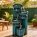 Autodaya 19.3" Outdoor Water Fountain with LED Lights, 4-Tier Cascading Water Feature with Pump, Turquoise Faux Ceramic Pedestal Waterfall for Garden, Patio, Yard or Porch