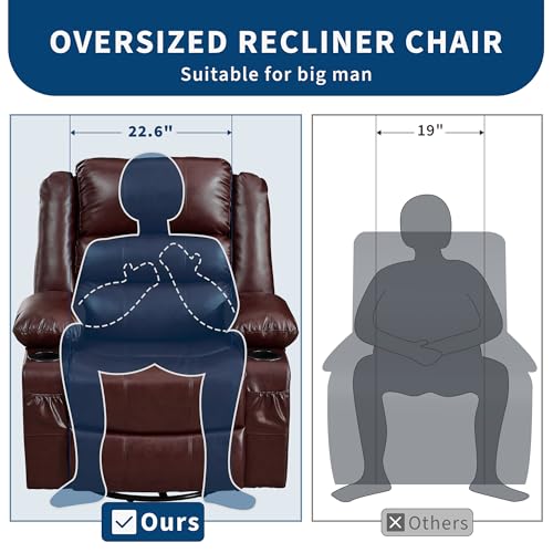 Image of Rocking Recliner Chair for Adults Manual Swivel Recliner Rocker with Cup Holders Leather Upholstered Comfy Single Sofa Chair for Living Room Bedroom Nursery Coffee-Colored