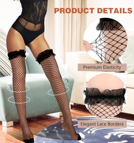 Image of Fishnet Thigh Highs, Black Fishnet Stockings for Women Thigh High, over the Knee Tights - One Size Fits Heights 5'9 inch to 6'9 inch (150-175 cm), Black