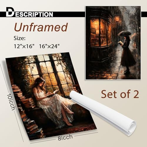 Image of NCYEL 2Pcs Dark Academy Canvas Wall Art Painting Book Reading Print Vintage Style Drawing Gothic Poster Girl Street Scene Picture Library Study Bedroom Decor Literature Gallery 12x16 Inch Unframed