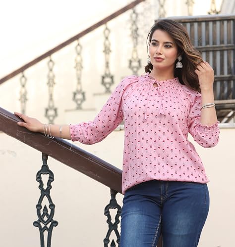 Image of Himanshi Enterprises Women's Traditional Casual 3 /4 Sleeves Mandarin Nack Rayon Floral Printed Short Kurti