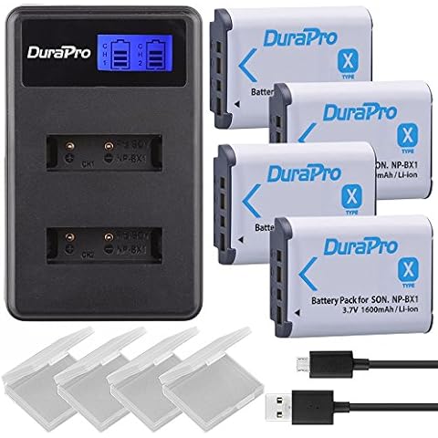 Durapro 4Pcs NP-BX1 NPBX1 NP BX1 Akku + LCD Dual USB Ladegerät für Sony NP-BX1 Akku Sony DSC-RX100 RX100 II DSC-WX500 HX300 HX400V WX300 WX350 HDR AS100v AS200V AS15 AS30V AS300 M3 M2 Camcorders Cover