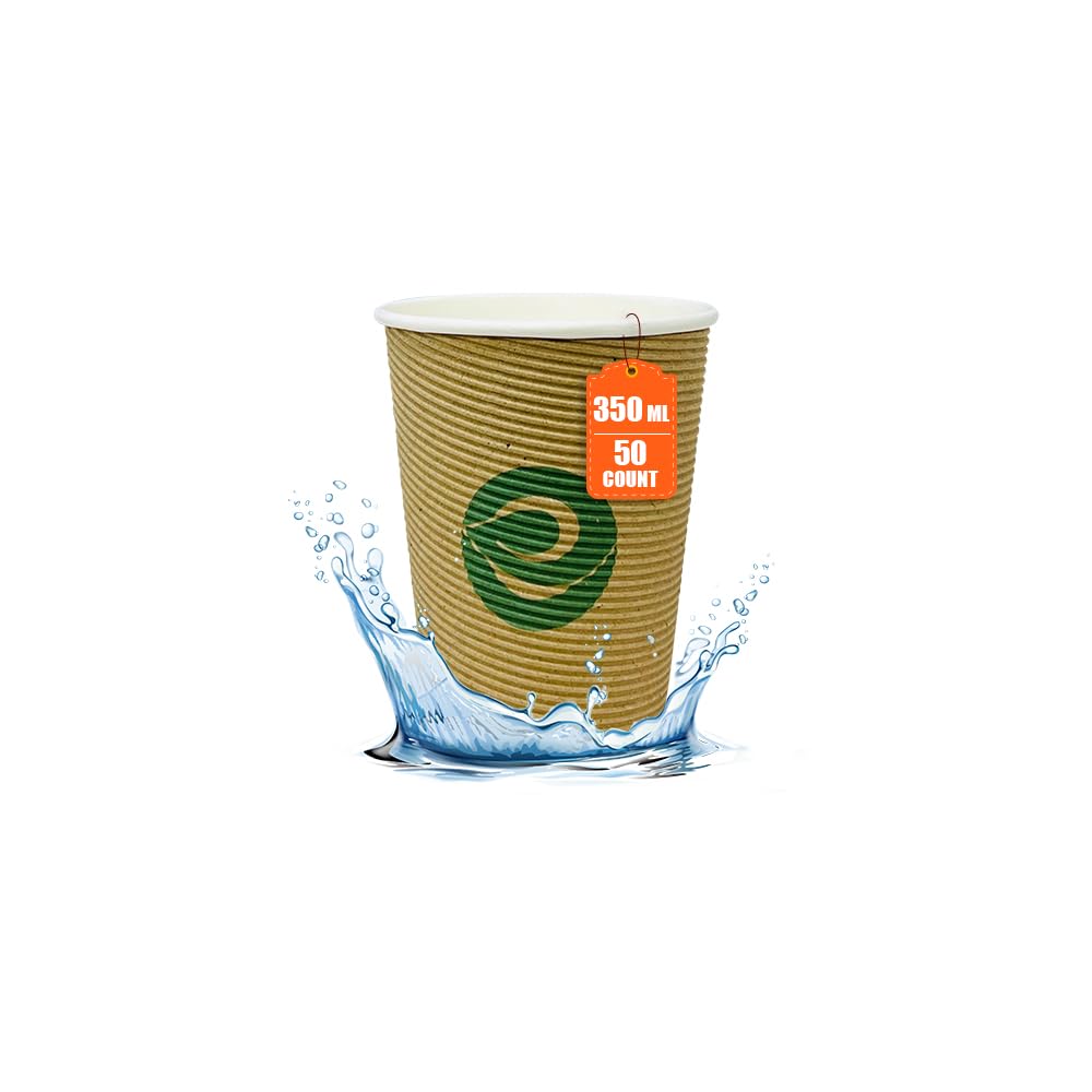 ECO SOUL [350 ml, 50 Count ] Disposable Ripple Paper Cups | Eco-Friendly & Biodegradable Hot Cups | Use & Throw Party Glasses | Ideal for Tea & Coffee | 530 GSM