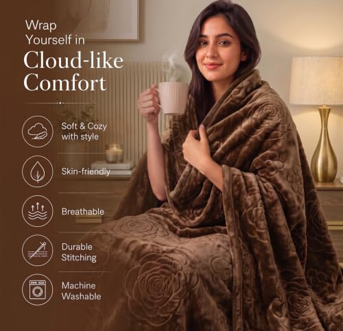 Image of BSB HOME 280 GSM Micromink Blanket, Premium Soft Warm Cozy Winter Blanket, Plush Double Bed Blanket, Ultra Soft Comfortable Bedding, Embossed Floral Design, 82 x 86 Inches (208 x 218 cm) - Espresso