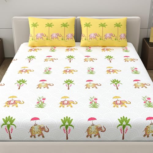 Image of Home Ecstasy 100% Cotton Double Bedsheet with 2 Pillow Covers - (Size 87 x 94 inches, 140 TC, Colour - Yellow: Daffodil)