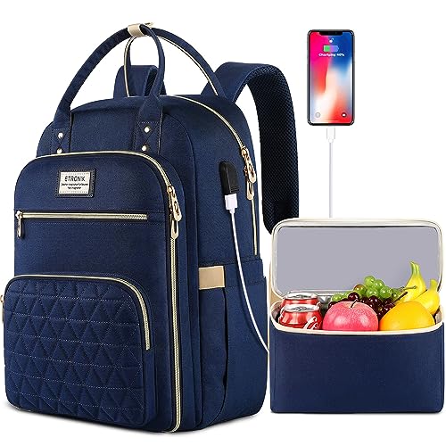 ETRONIK Lunch Backpack for Women, 15.6inch Laptop Backpack with USB Port, Work Backpack for Women Men Travel Backpack with Insulated Cooler Lunch Bag for Nurse Gifts, Blue