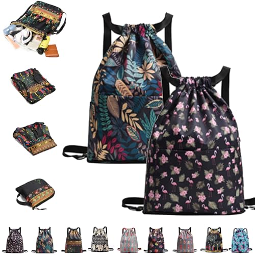 Drawstring Foldable Large Capacity Dry-wet Separation Travel Sports Backpack,Waterproof Lightweight Drawstring Gym Bag (2Pcs-d)