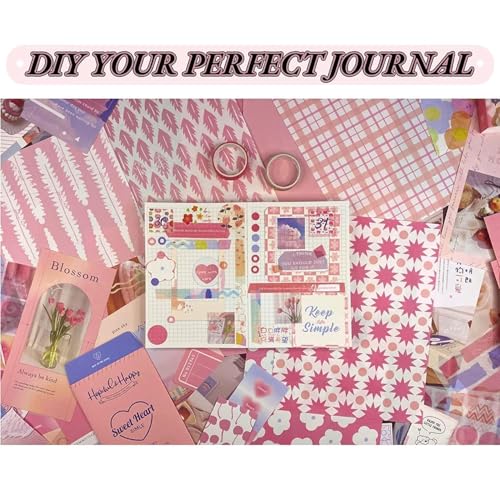 Image of VOTDOT (346Pcs) Paper Junk Journal & Scrapbook Kit, Scrapbooking Supplies Kit with Creative Decor Journaling Supplies, Stationery, Stickers, A6 Grid Notebook with Graph Ruled Page Gift for Girl (Pink)