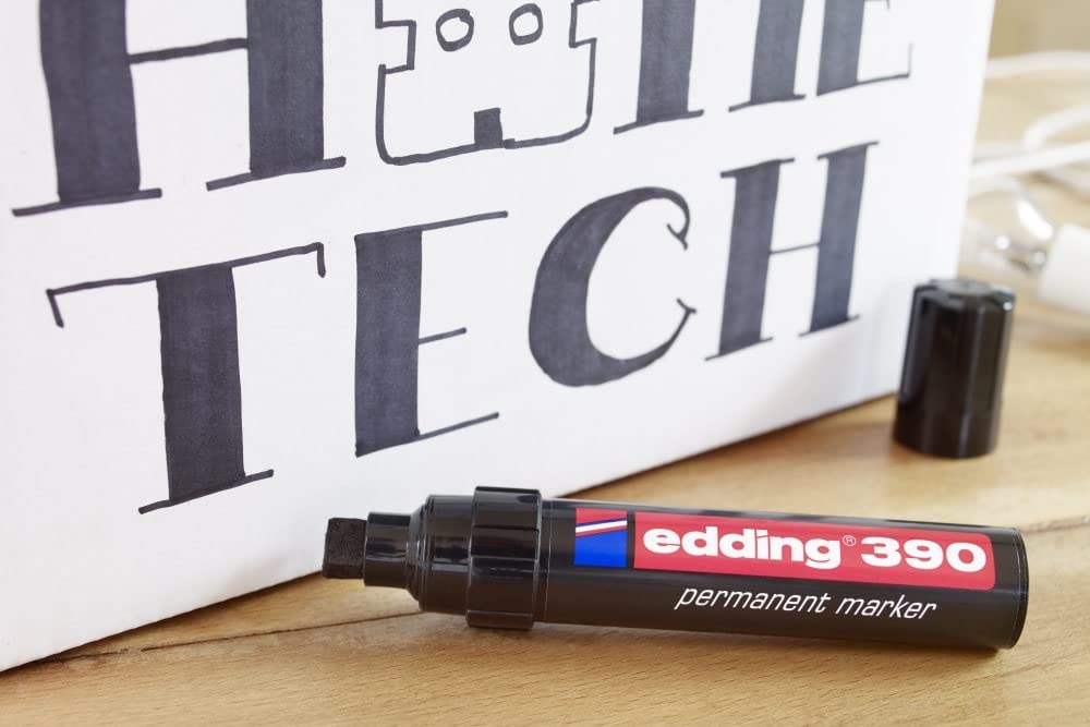 edding 390 Marqueur permanent - Rouge - 10 stylos - Pointe biseautée épaisse 4-12 mm - Imperméable, sèche vite - Marqueur polyvalent universel - pour carton, plastique, bois, métal, verre, toile