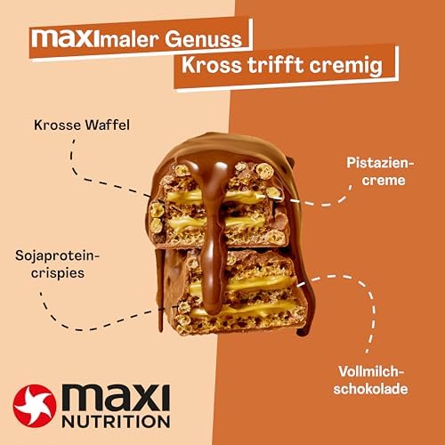 MaxiNutrition Pistachio Spread Protein Waffle Bar, 26% Eiweiß, 199 kcal, (12 Eiweißriegel x 39g), Ohne Zuckerzusatz