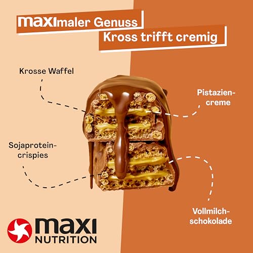 MaxiNutrition Pistachio Spread Protein Waffle Bar, 26% Eiweiß, 199 kcal, (12 Eiweißriegel x 39g), Ohne Zuckerzusatz