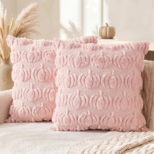 AVOIN colorlife Fall Pumpkin Pink Throw Pillow Covers 18 x 18 Inch Autumn Thanksgiving Harvest Soft Plush Faux Fur Jacquard Cushion Case Decoration for Sofa Couch Set of 2