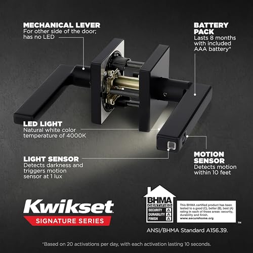 Image of Kwikset Halifax LED Motion Activated Light Up Door Handle Reversible Lever & Cartridge, Matte Black, with Microban Protection