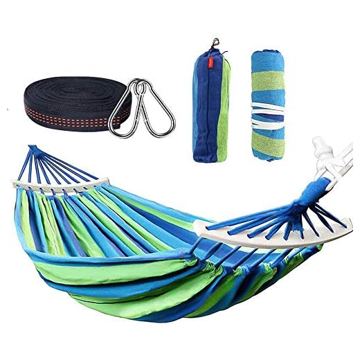 Rusee Double 2 Person Cotton Fabric Canvas Travel Hammocks 450lbs Ultralight Camping Hammock Portable Beach Swing Bed with Hardwood Spreader Bar Tree Hanging Suspended Outdoor Indoor Bed (Blue)