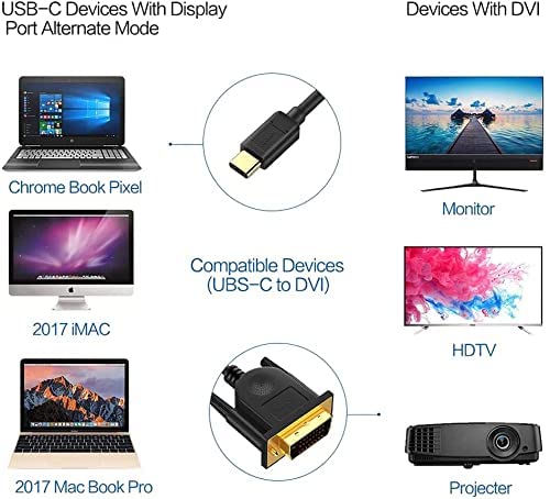 QGeeM USB C to DVI Cable Adapter, 4K@30Hz Thunderbolt 3 to DVI 10FT USB 3.1 Type C to DVI (24+1) Cable, Compatible with MacBook Pro/Air, Surface Book 2, Dell XPS 13, Galaxy S10, Pixelbook and More
