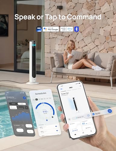 Image of DREO Smart Tower Fan for Outdoor & Indoor Use, 33 ft /s High Velocity, 12 Speeds, 4 Modes Standing Floor Fan, 150 Customizable Oscillating, 20 dB Quiet DC Motor for Bedroom, Weather Resistant