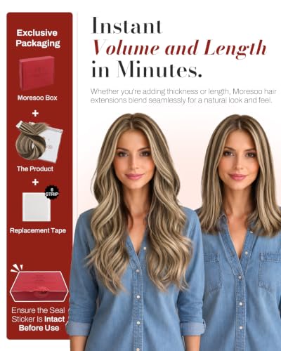 Image of Moresoo Tape in Hair Extensions Brown with Blonde 24in 20Pcs 50g | Tape in hair extensions real human hair, extra-long strands, caramel ribbons, flat tabs for braids and photo shoots