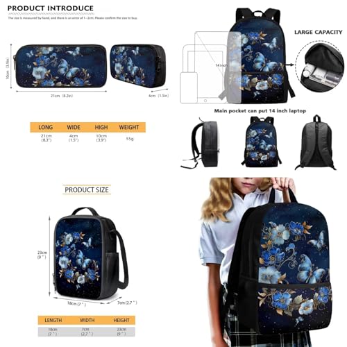 Lotusorchid Butterfly School Backpack Set for Kids 8-12, Floral Kids Students Bookbag with Zipper Pocket, School Bag with Lunch Bag Pencil Case, Kids 3 Pack Students Knapsack Set for School, Blue4