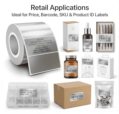 Image of Seznik Silver Waterproof, Non-Tearable, Sticky Thermal Lables, Label Roll, 2 inch Adhesive Thermal Labels for Label Printers (50mmx30mm - 1250 Lables)