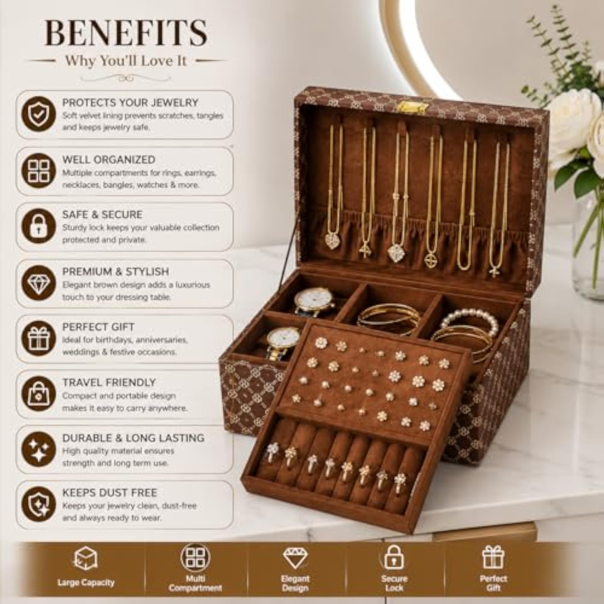 Vintage Pattern Jewellery Box Organizer with Golden Latch