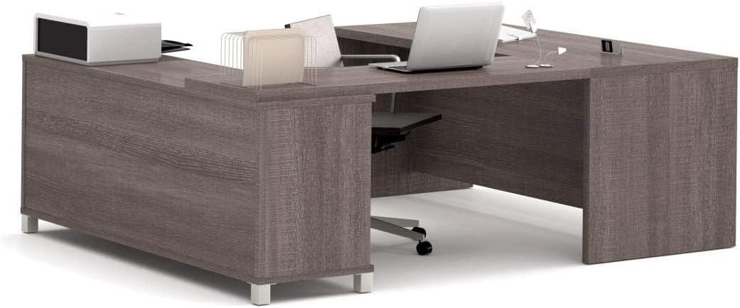 BOWERY HILL U-Shaped Computer Desk, Bark Gray Finish, 1.5" Commercial Grade Work Surface with Melamine, PVC Edge, Square Metal Legs, Adjustable Shelves, Reversible Design, 71.1" W x 89" D, Home