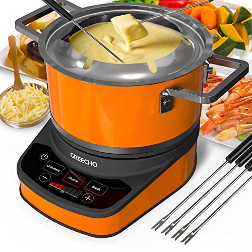 Comparison: Best Electric Fondue Pot 7 GREECHO Fondue Pot Electric Set, 2.6 Qt Stainless Steel Electric Fondue Pot with 3 Preset Mode (Cheese, Chocolate & Broth), 1200W Fondue Pot Set with Separated Fondue Pot & 6 Color-Coded Forks, Orange