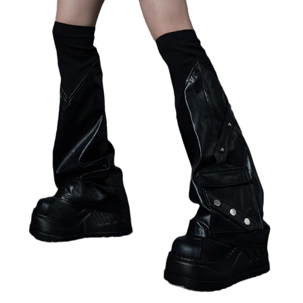 GMBYLBY Women's Punk Over Knee Ribbed Top Leather Leg Warmer With Rivets Studded Flared Subcultures Baggy Boot Covers